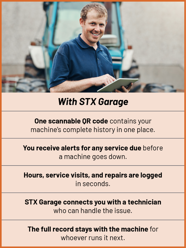 Equipment technician looking at STX Garage service history