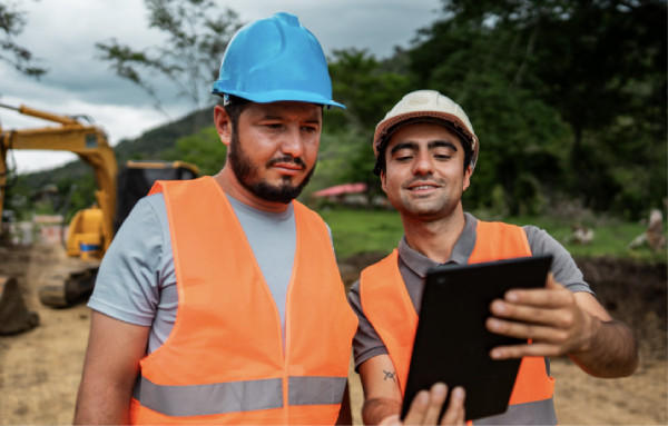 Two construction workers reviewing equipment information on a tablet